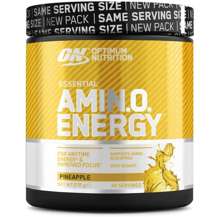 A container of Optimum Nutrition Amino Energy Pre Workout, with yellow and black labeling, indicating 270 servings, 5g Amino Acids, 100mg Caffeine, and improved focus.