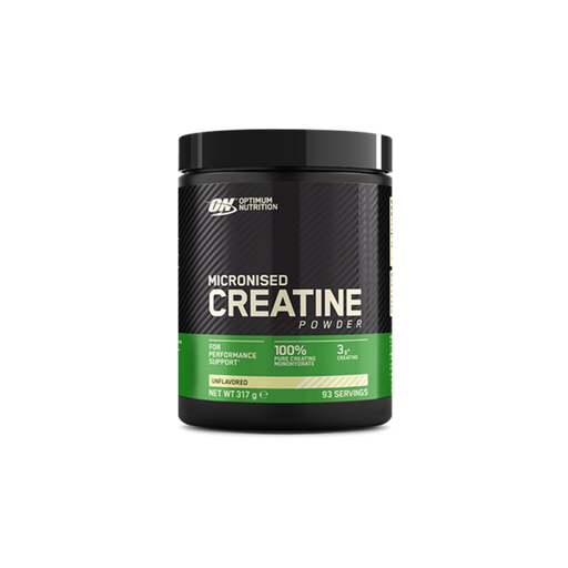 A container of Optimum Nutrition Micronised Creatine Powder, with a green and black label, indicating 3.4 g of Creatine Monohydrate per scoop and 100% support for high intensity training.