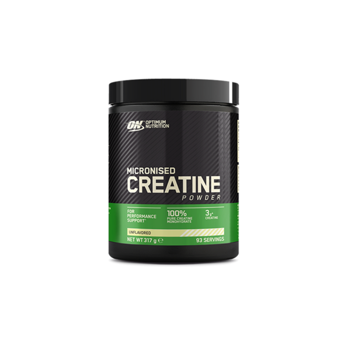 A container of Optimum Nutrition Micronised Creatine Powder, with a green and black label, indicating 3.4 g of Creatine Monohydrate per scoop and 100% support for high intensity training.