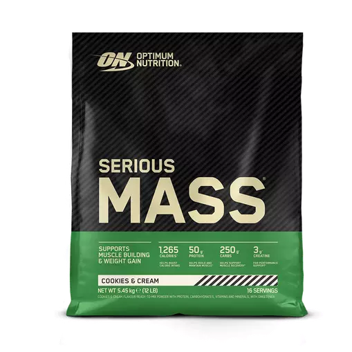 Optimum Nutrition Serious Mass supplement package on a white background